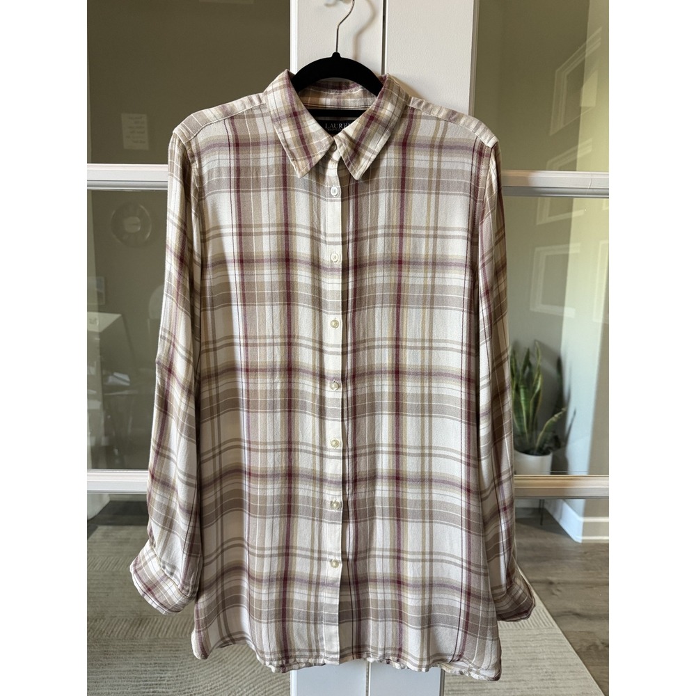 Lauren Ralph Lauren Womens Medium Tan Burgundy Plaid Roll Tab Button Down Shirt
